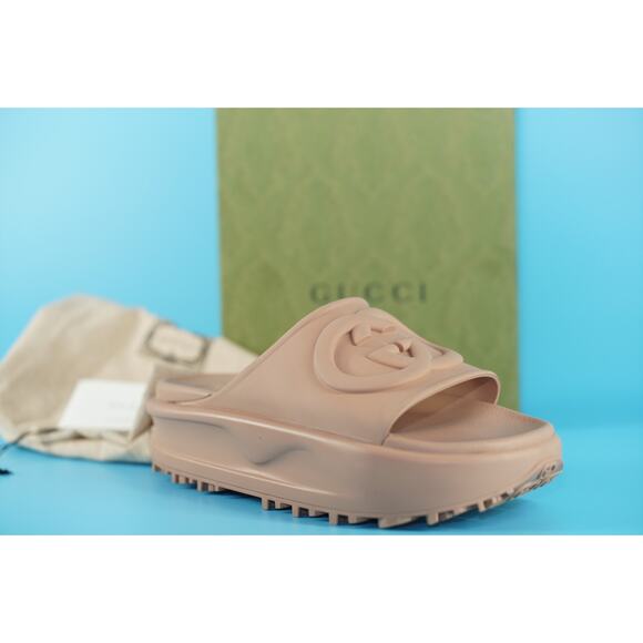 Gucci Miami GG Logo Rubber Slide Platform Mule Sandals Size 39 New $590 Camel - Picture 1 of 11